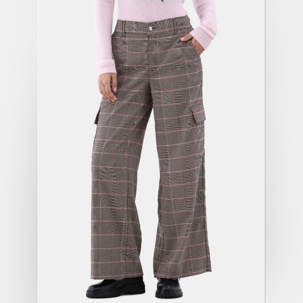 No Boundaries Brown Plaid Cargo Wide-Leg Pants